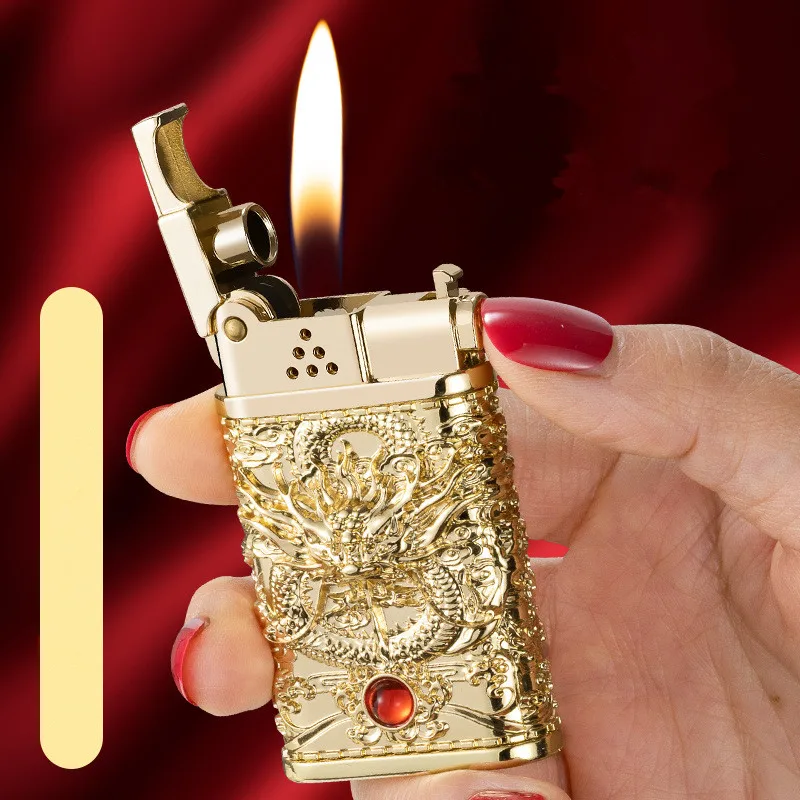 

New Engraved Dragon Pattern Retro Flint Kerosene Lighter Unique Advanced Metal Weel Gasoline Lighters Men's Gift