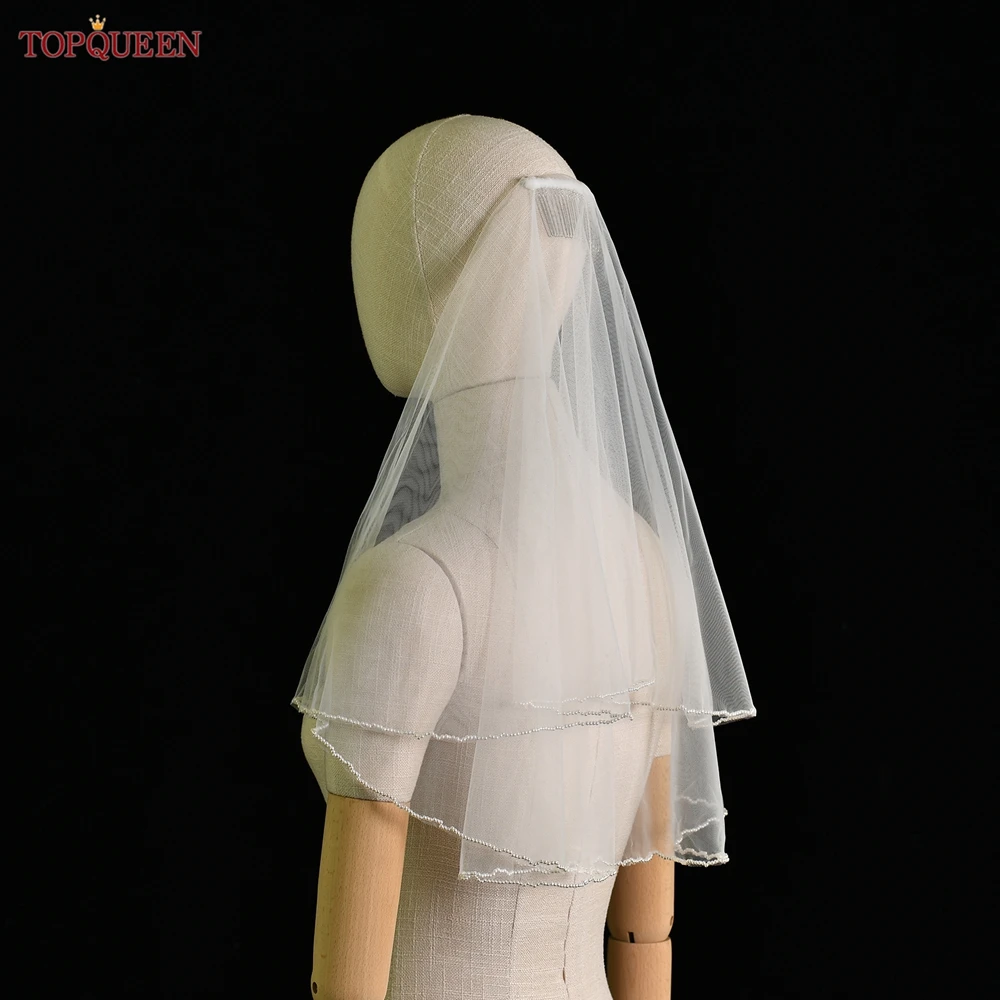 TOPQUEEN V173 Свадебная фата длиной до плеч 2-слойная с расческой румяна жемчугом для