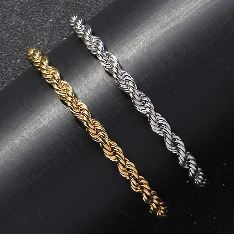 

4mm Simple Twisted Rope Chain Bracelets for Women Man Metal Bracelet Length Adjustable Wrist Chains Bangles Kpop Jewelry Gifts