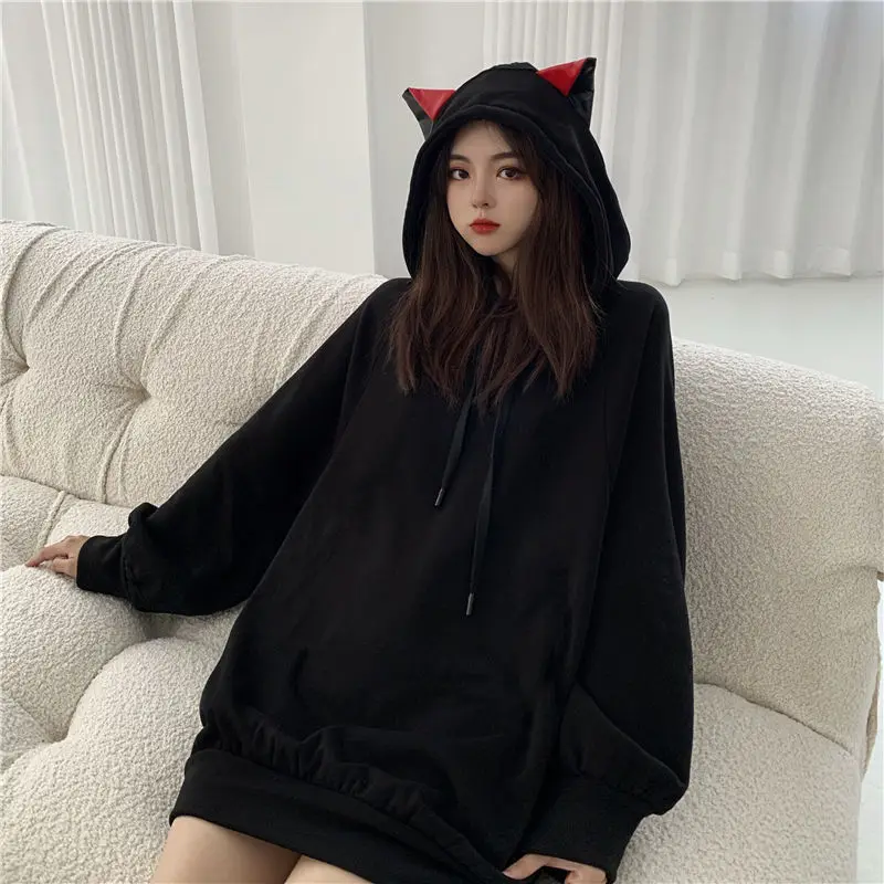 

Japanese Black Kawaii Cat Ears Hoodie Women Long Sleeve Autumn Winter Hooded Sweatshirt Loose Casual Gothic Clothes 2023