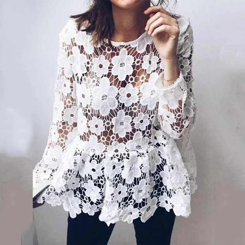 

See Through Mesh Hollow Out Lace Blouse Women Spring Summer Elegant O-neck Loose Long Sleeve Plus Size 5XL Top Shirt Tees 2022
