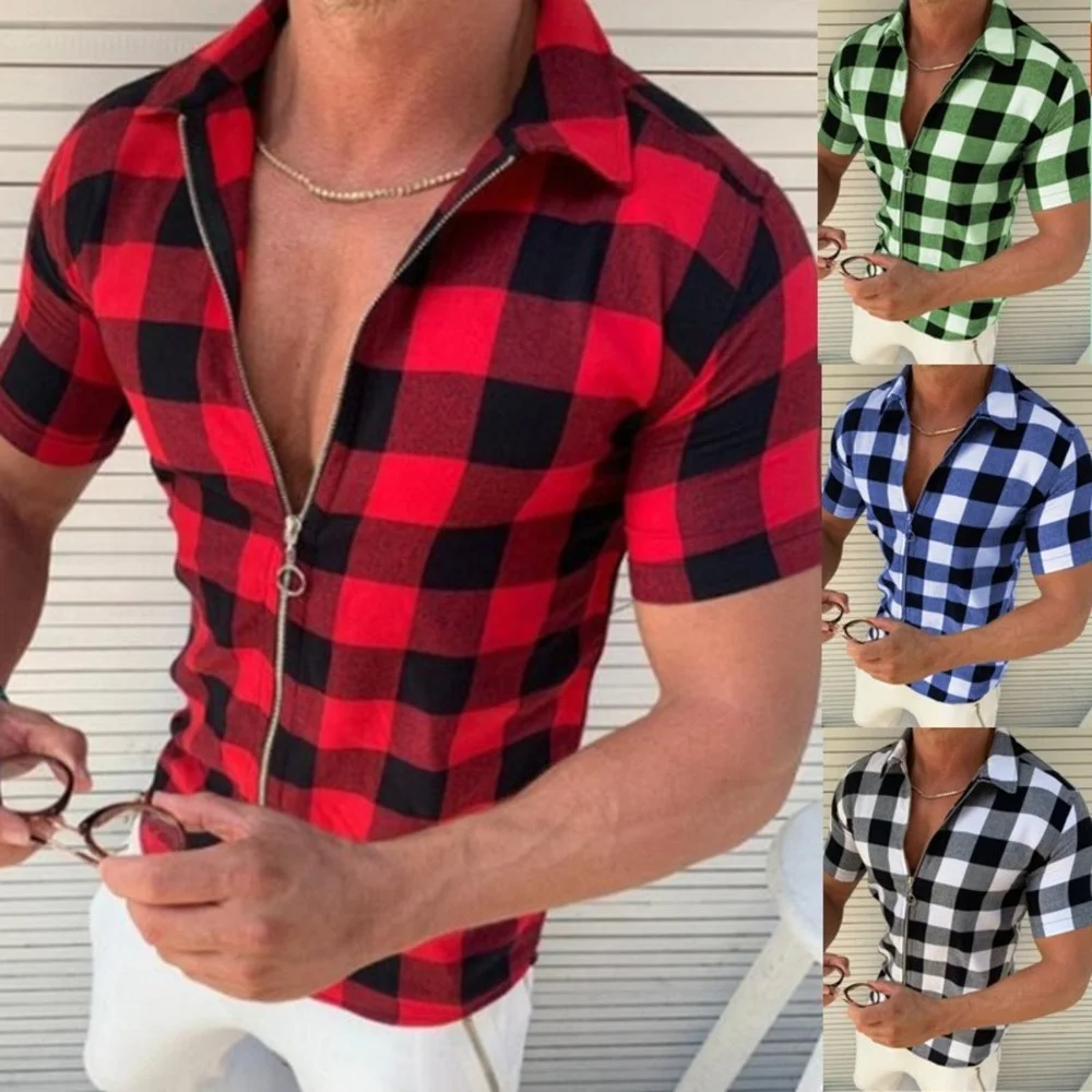 

Men's Slim Fashion Lapel Plaid Print Shirt Top Zip Cardigan