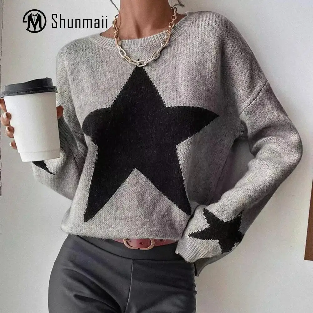 

Women Rib Pullover Top Star Pattern Long Sleeve Sweater Crew Neck Loose Fit Pullover Jumper Drop Shoulder Streetwear Suit