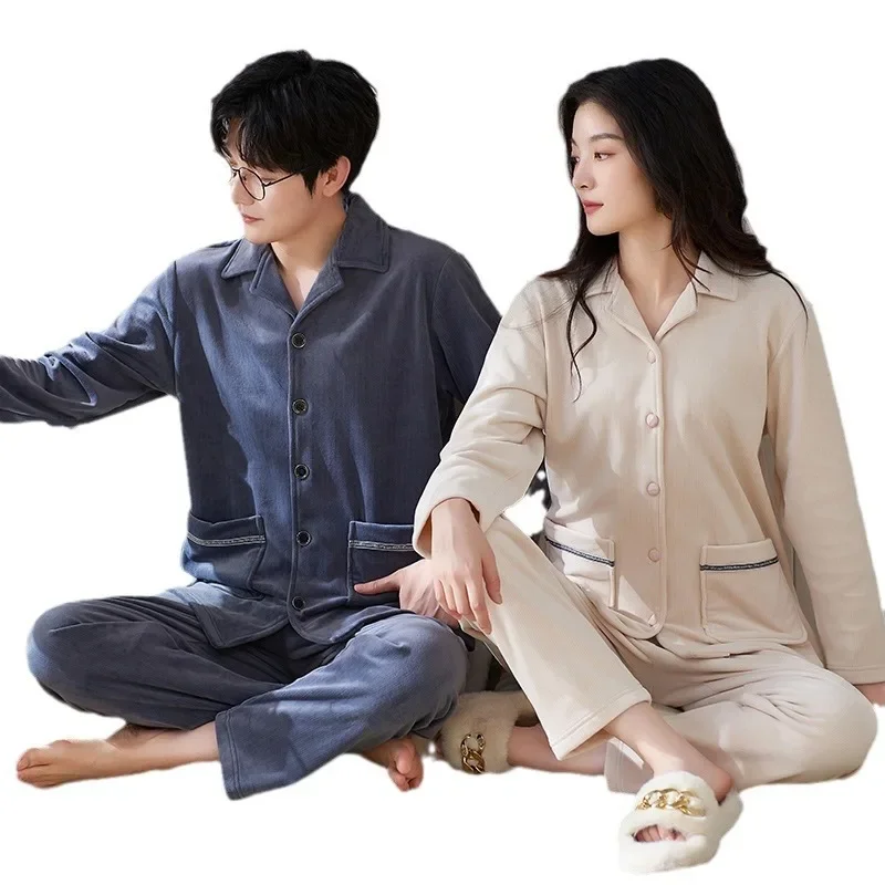 Couple Island Velvet Pajamas Autumn/Winter Men Lapel Simple Fashionable High End Casual Outer Wear Sweet Women's Homewear Suit