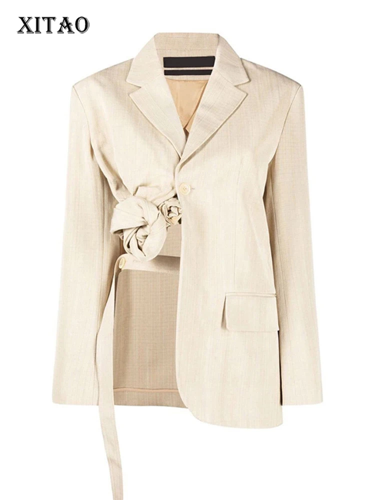 

XITAO Floral Irregular Blazer Fashion Pocket Solid Color Black White Small Fresh Casual Style Loose Elegant 2022 Coat SMH10003