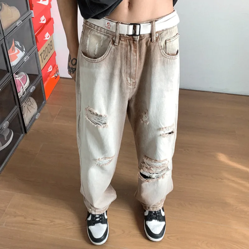 Summer Brown Ripped Jeans Men Fashion Casual Hole Baggy Jeans Men Streetwear Loose Hip Hop Straight Denim Pants Mens Trousers