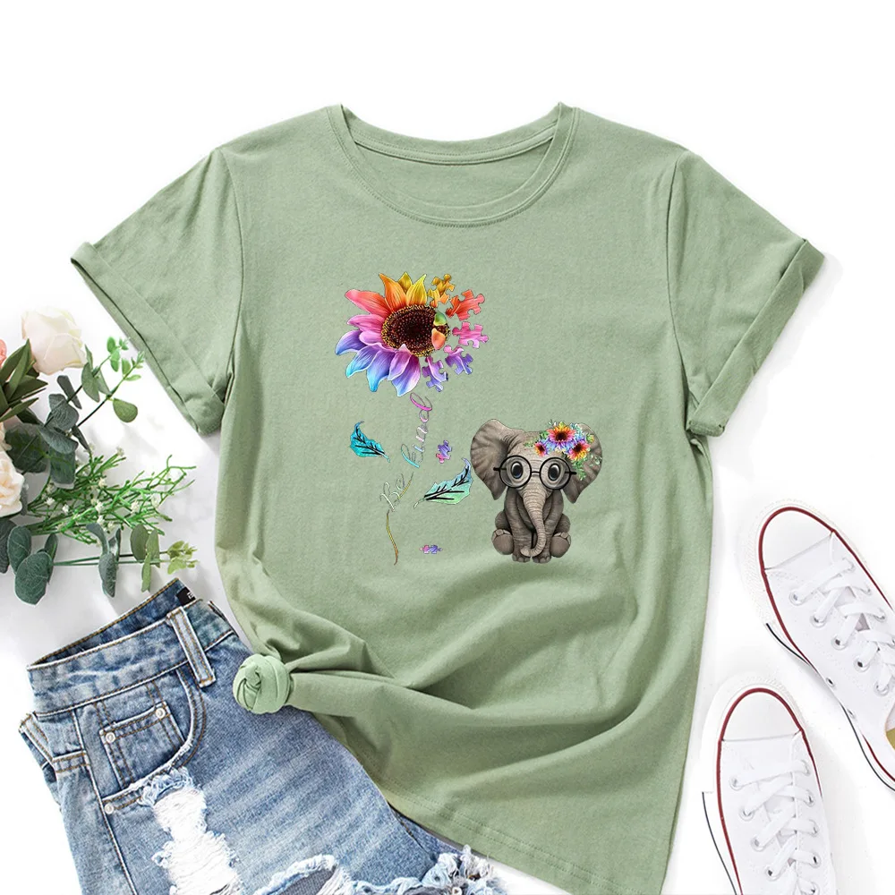 

Cute Baby Elephant Sunflower Love Animal Lover Shirt Women Short Sleeve Cotton T-shirts Summer Graphic Tee Tops Female Clothes