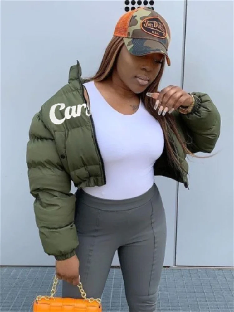 Fashion Letters Print Winter Keep Warm Coats Puffer Jackets For Women 2023 Long Sleeve Pocket Zipper Crop Top Bubble Wholesale