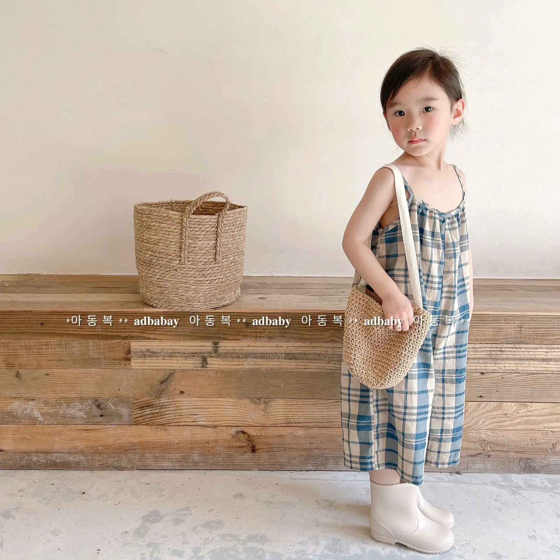 

2022 Summer Children Cotton Linen Plaid Jumpsuit Sleeveless Romper Korean Baby Boys Girls Pants Overall Kids Suspenders Trousers