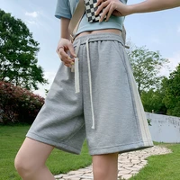 sweet student sports shorts womens summer stitching side stripe drawstring pocket stretch high waist casual straight shorts