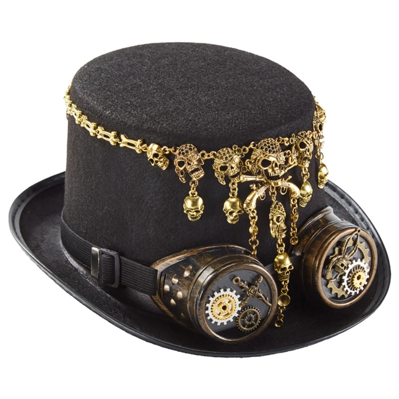 

Gothic Gear Goggles Skull Jazz Hat Punk Top Hat Steampunk Hat for Night Party