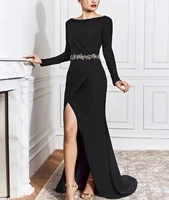 simple black formal evening dress 2022 long sleeve split lace soft satin prom party gowns robe de soiree vestidos festa