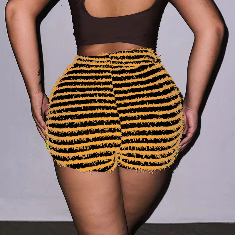 Women Summer Shorts Drawtring Elastic High Waist Striped Short Pants Ladies Stretch Shorts