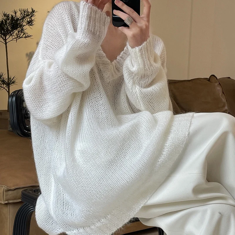 Женский свободный свитер с V-образным вырезом и длинным рукавом |