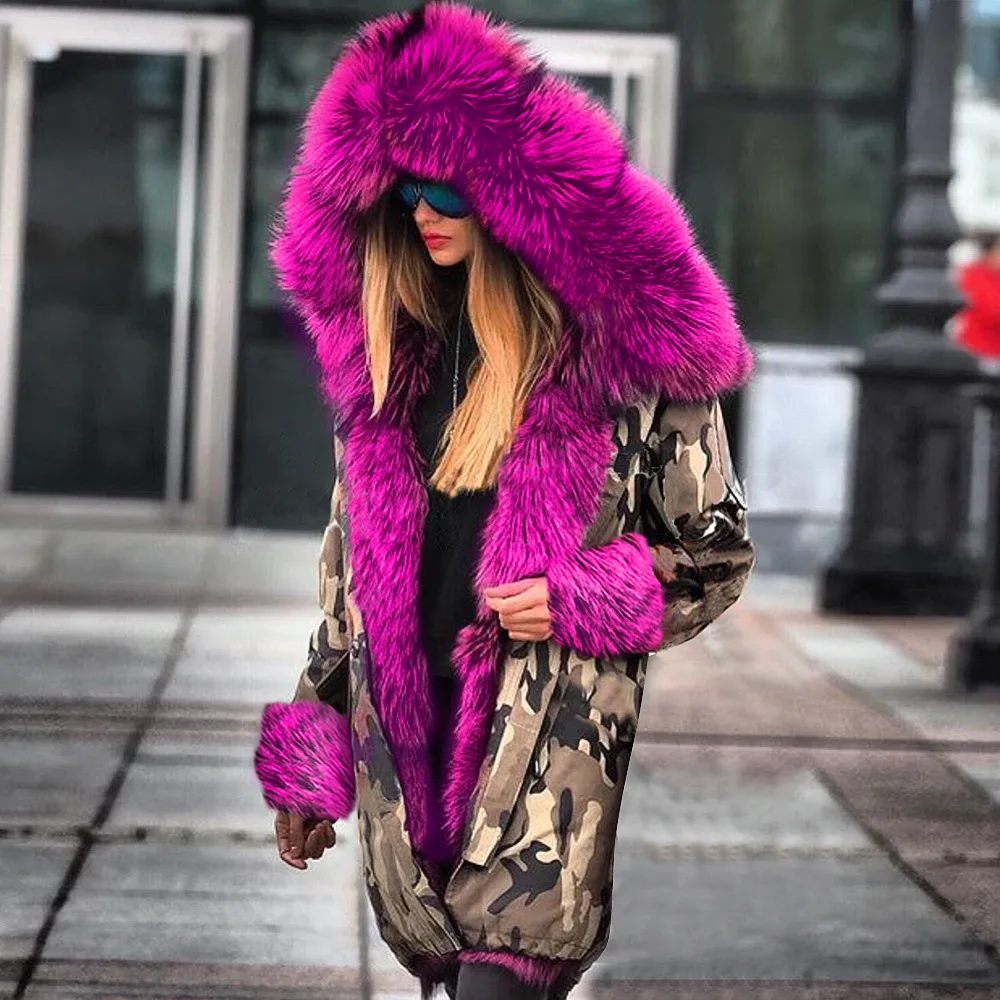 WYWMY Print Winter Jacket for Women Fur Coat Long Parka Warm Winter Coat Oversize Woman Coats Puffer Jacket Casual Loose Outwear