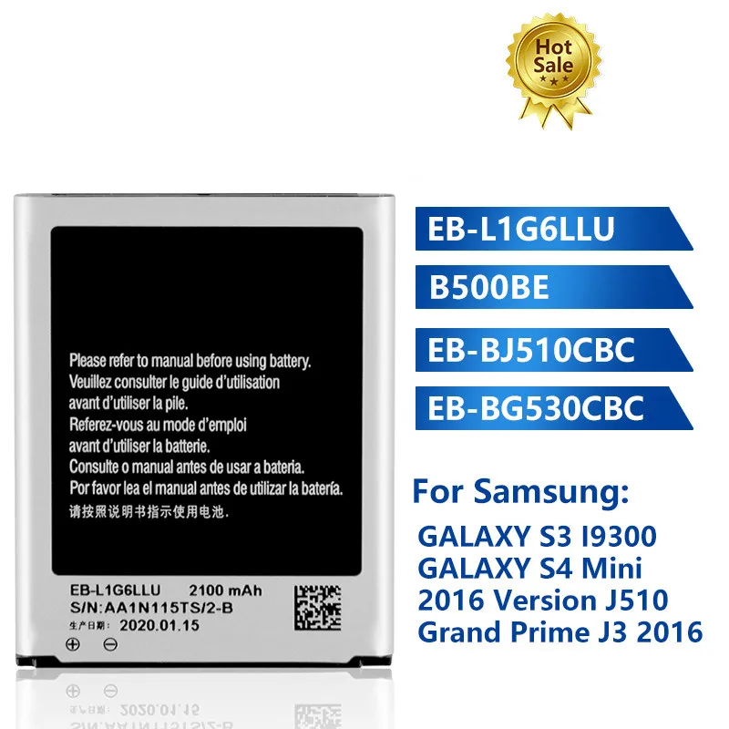 

Original Replacement Phone Battery EB-L1G6LLU For Samsung GALAXY S3 I9300 S4 Mini I9190 I9192 2016 J510 J3 2016 J320F G5308W J5