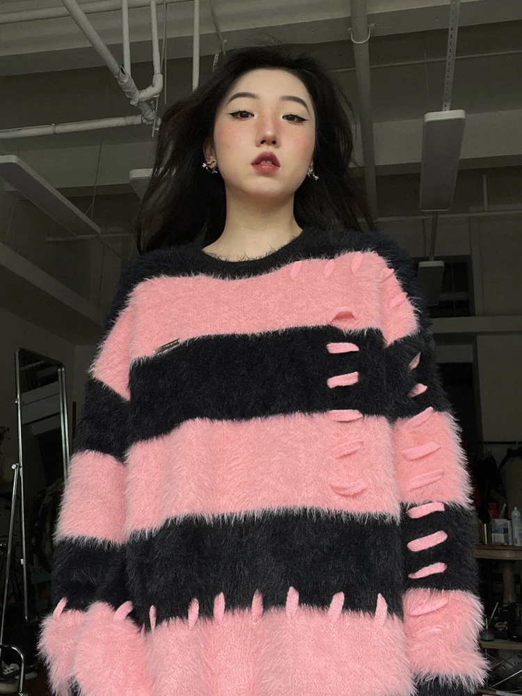 

Korean Fashion Oversized Sweater Women Harajuku Vintage Striped Knitted Jumper Female Grunge Casual Contrast Y2K Pullover New