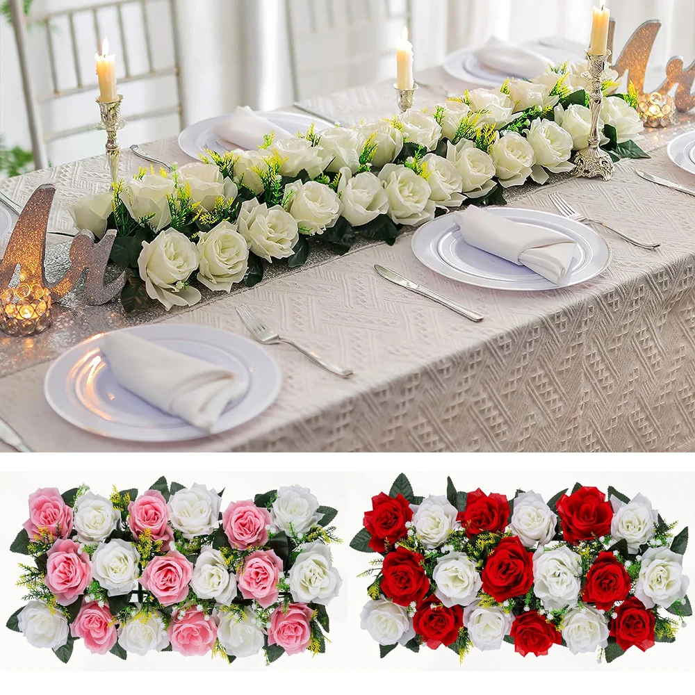 

Yannew Artificial Dining Table Flower Centerpieces Silk Rose Floral Arrangement Table Runner for Party Event Wedding Decoration