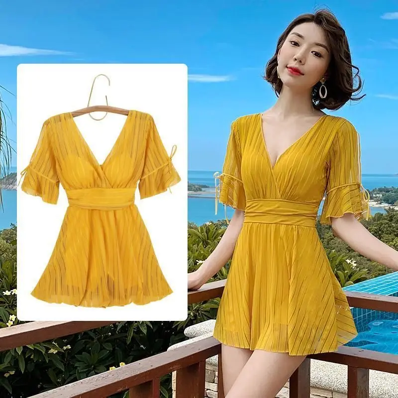 

Women's Swimsuit One Piece Female 2021 Conservative Cover Belly Yellow Sexy V-Neck Slimming Korean Fairy Hot Spring Swimwear