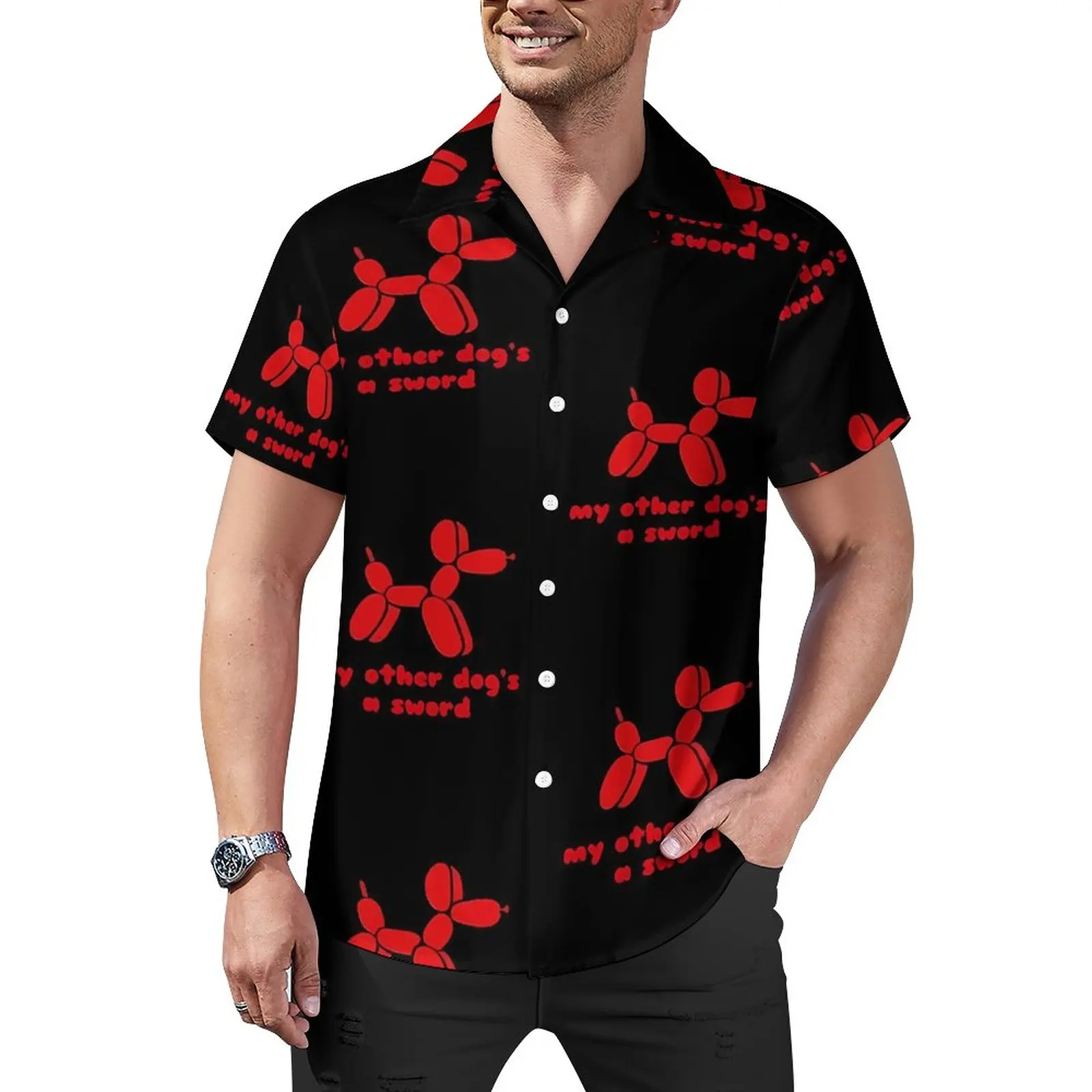 

Balloon Dog Blouses Male Red Animal Print Casual Shirts Hawaiian Short Sleeve Custom Fashion Oversized Vacation Shirt Gift