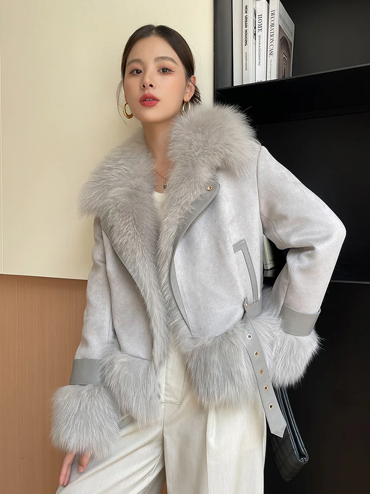 Women Real Fur Coat Autumn Winter Chic Turn-down Collar Fox Fur Patchwork Suede Fur Jacket Loose Goose Down Filling Outerwear