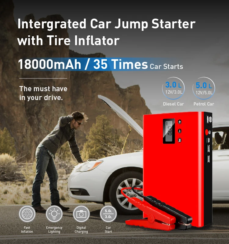 

18000mAh Rechargeable Car jump Starter Digital Air Compressor Pump Portable Smart Emergency Car Tire Inflator with Tool Box
