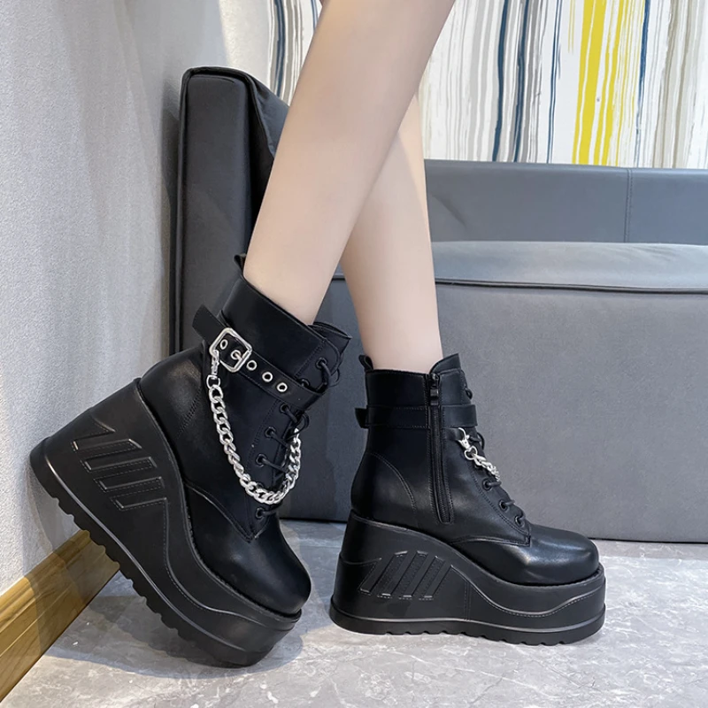 

Women's Chains High Platform Boots Leather Slope Heel Nude Boots High-top Women Sneakers Size 43 Belt Buckle Fashion Biker Boots