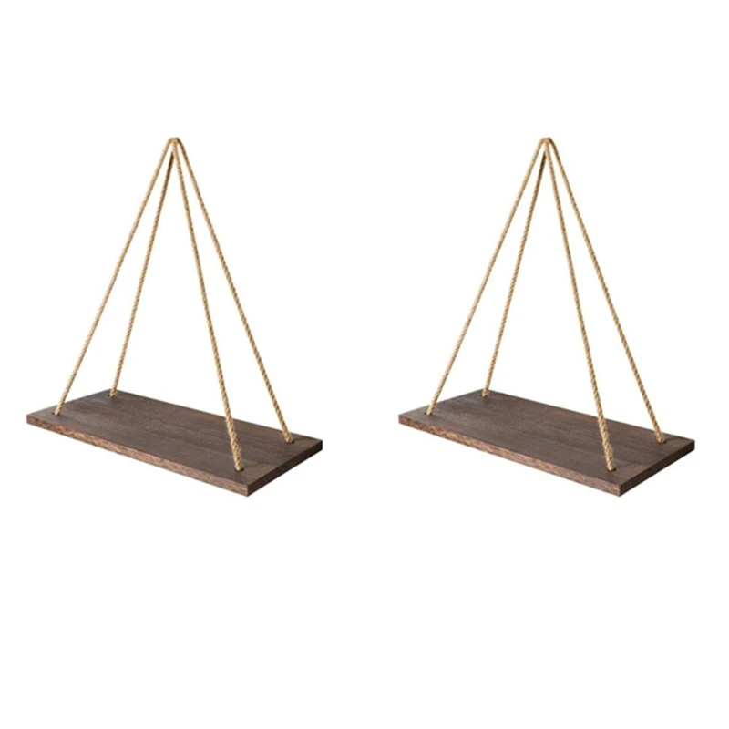 

2Pcs Hanging Wooden Wall Floating Shelf Swing With Jute Rope Rustic Wooden Plank Plant Flower Pot Display Storage Rack