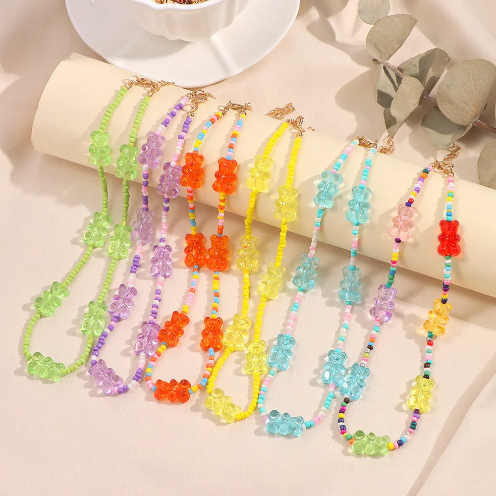 

Mixed Candy Color Resin Bear Necklace for Women Bohemia Rainbow Seed Beaded Chain Beads Choker Jelly Gummy Bear Cute Jewelry