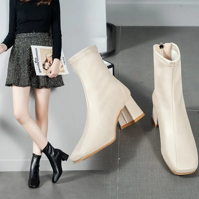 Fashion White High Heel Short Boots Women Autumn and Winter Pointed Toe Women's Boots 2022 New Modern Boots Woman High Heels