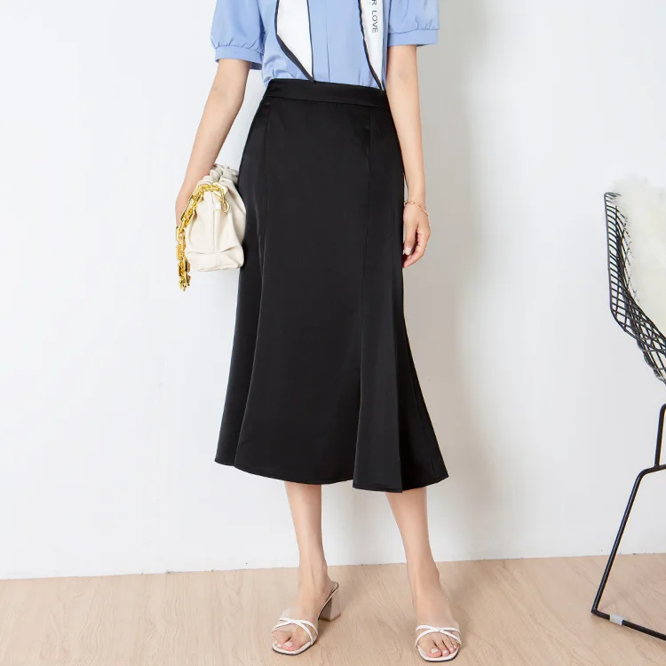 

Korea's Sense Of Design Stitching Acetic Acid Satin Fishtail Skirt Women's 2022 Spring High Waist Long Slim A Skirt