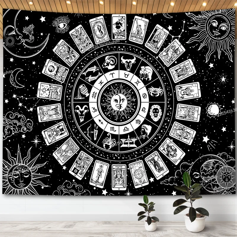 

Tarot Card Zodiac Tapestry Astrology Medieval Aesthetic Constallation Sun And Moon Tapestrys for Bedroom Wall Hanging Room Decor