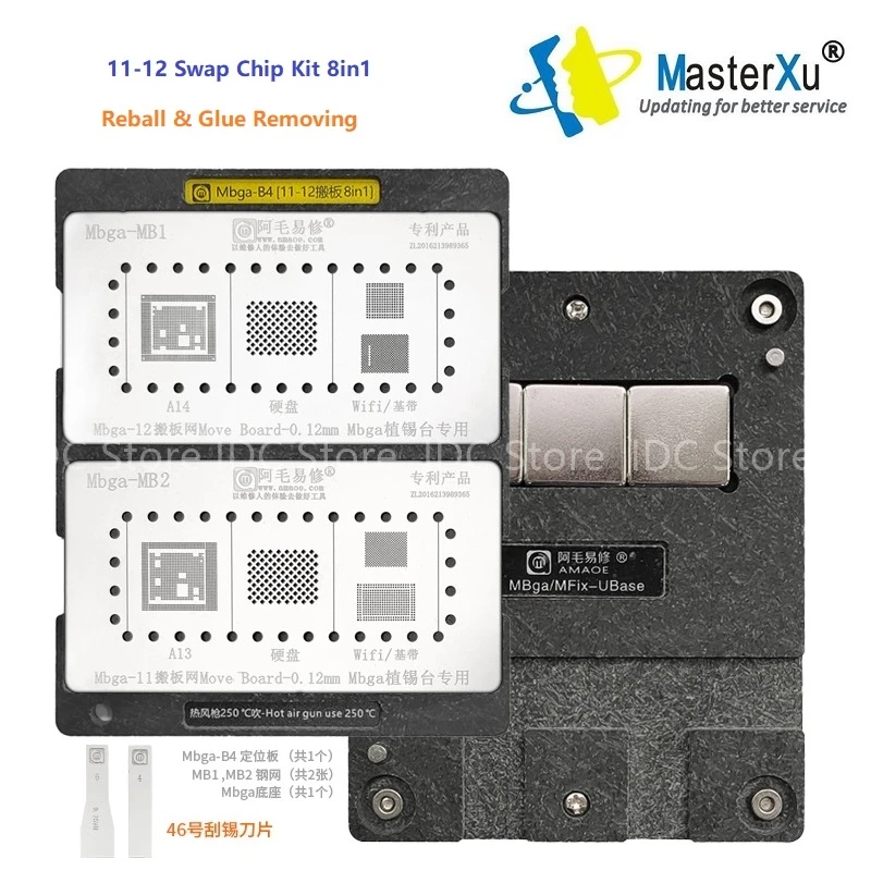 

MasterXu Amaoe BGA Reballing Stencil Kit for iPhone 11 12 Pro Max CNC Motherboard Swap CPU A8-A14 Baseband EEPROM Move Board