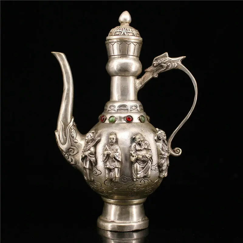 

8.66" Chinese Cooperized Silver Inlaid Gemstone Handmade Eight Immortals Teapot Wine Pot