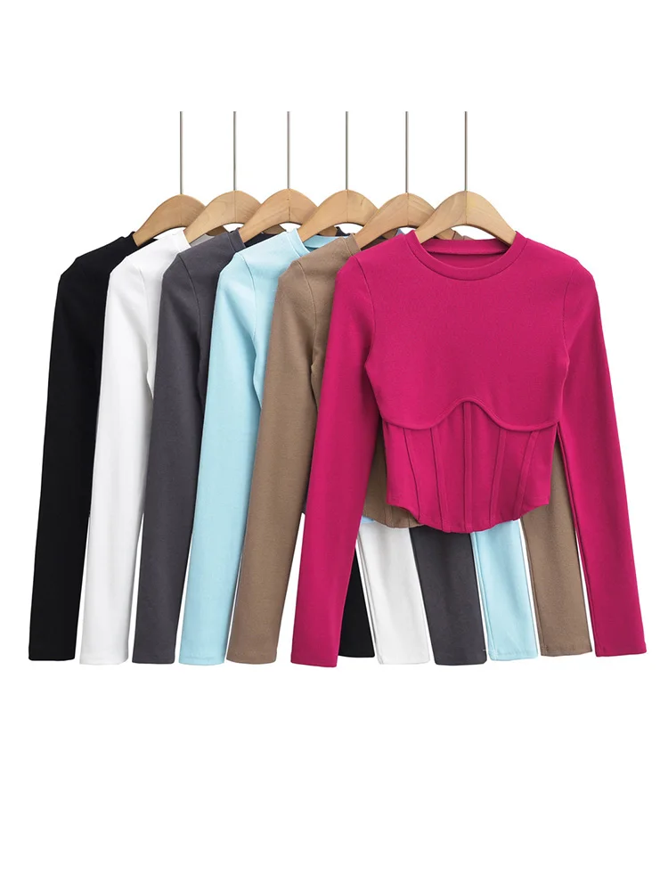 Укороченный Женский Топ с длинным рукавом и круглым вырезом в рубчик