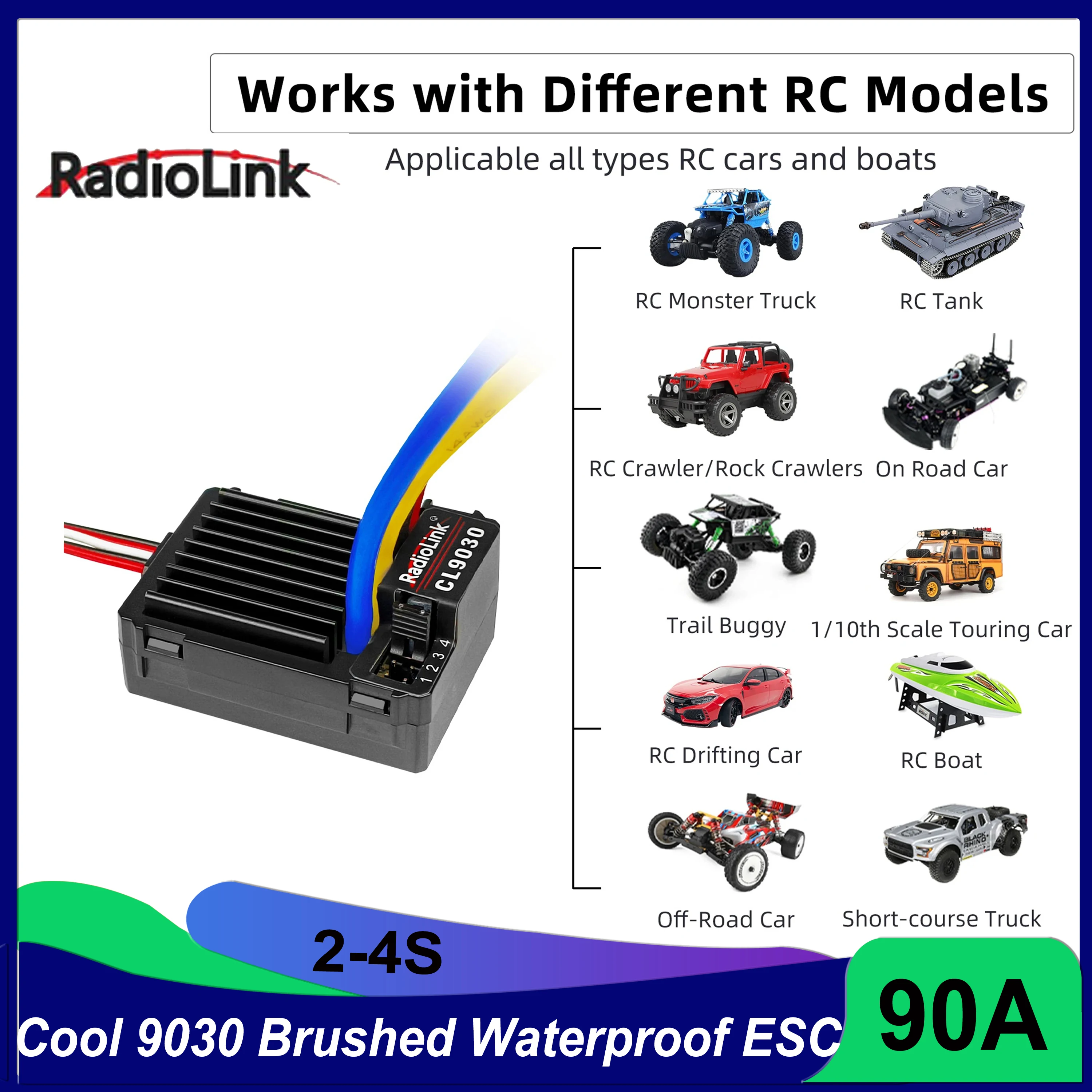 Radiolink Cool 9030 90A Водонепроницаемый матовый ESC 2-4S Встроенный BEC 5A Выбор 5 В/7 В для 1/10 RC