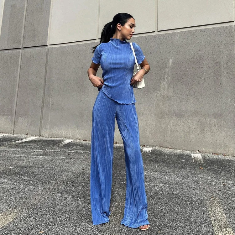 

French 2022 Summer New Slim T-shirt High Waist Blue Pleated Mop Casual Women's Fashion Suit 2 Piece Set