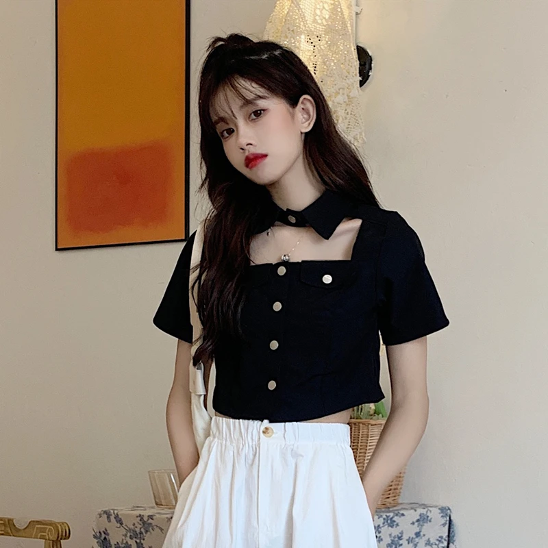 2022 New Design Black Shirt Women Korean Summer Button Down Short Sleeve Blouse Fashion Cropped Tops