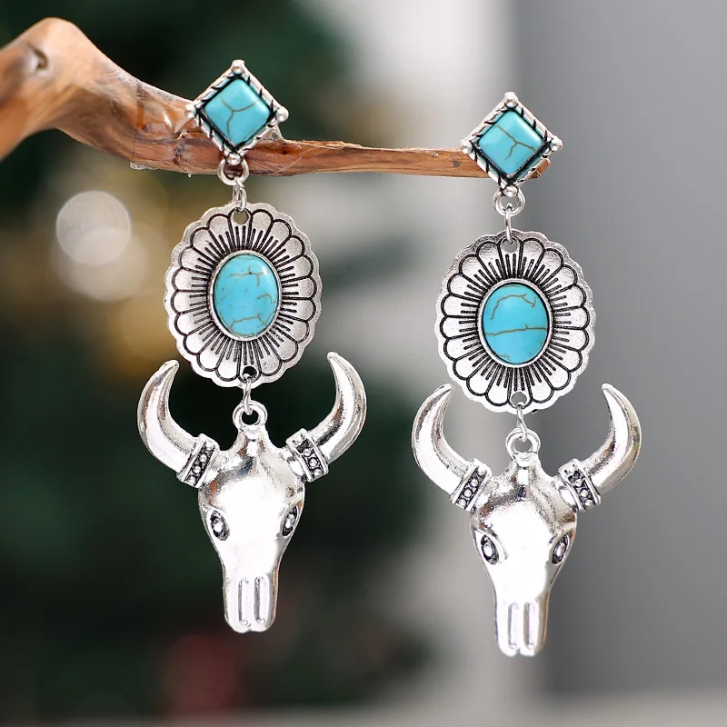 

Bull Skull Head - Western Turquoise Flower Stud Drop Earrings for Women Cowgirl Inspired STEER HEAD Texas Earrings with Stone