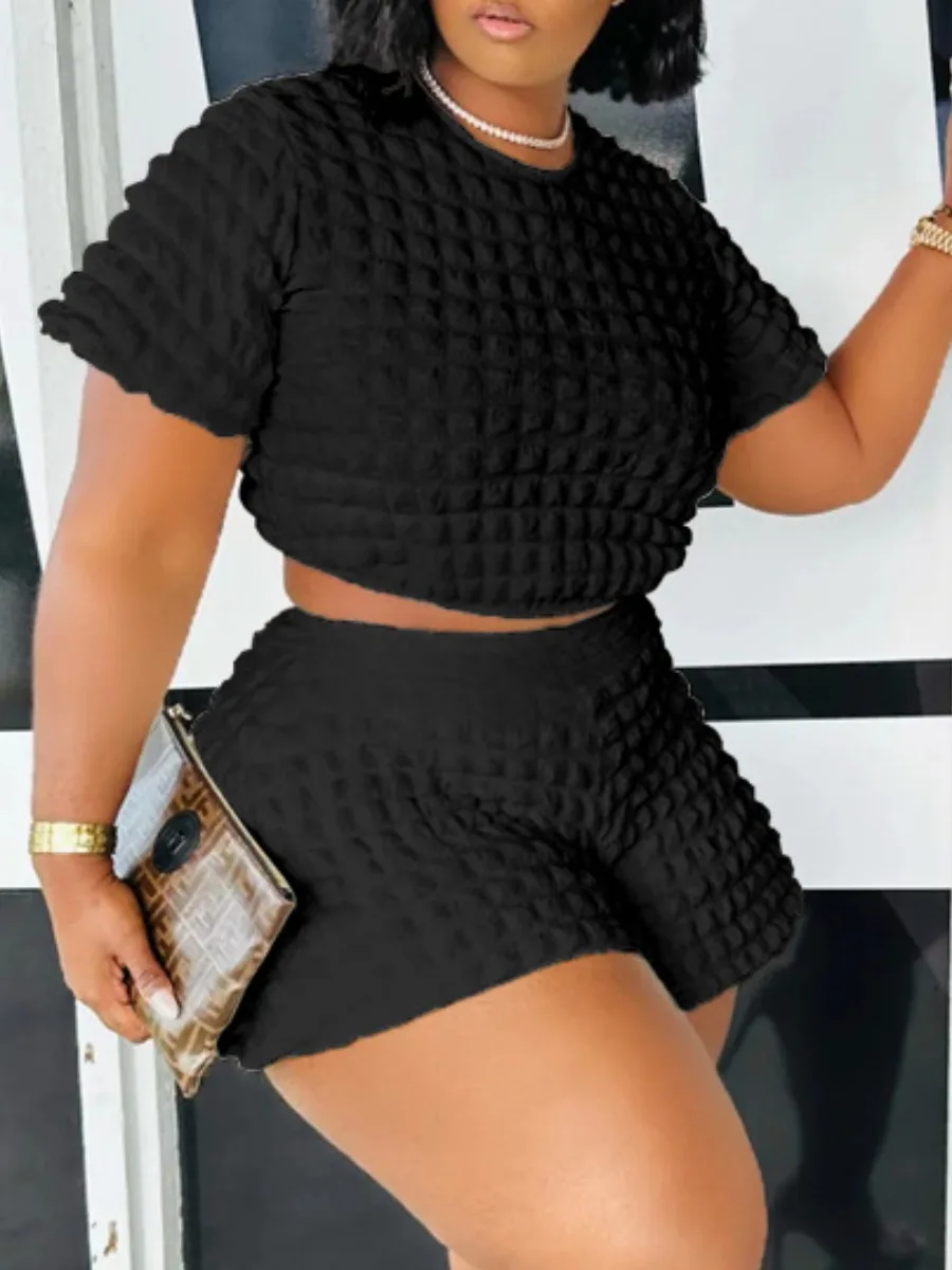 LW Plus Size summer two pieces set Crop Top Waffle Knit Shorts Set Women Summer Short Sleeve T-shirt & shorts Women's Suits