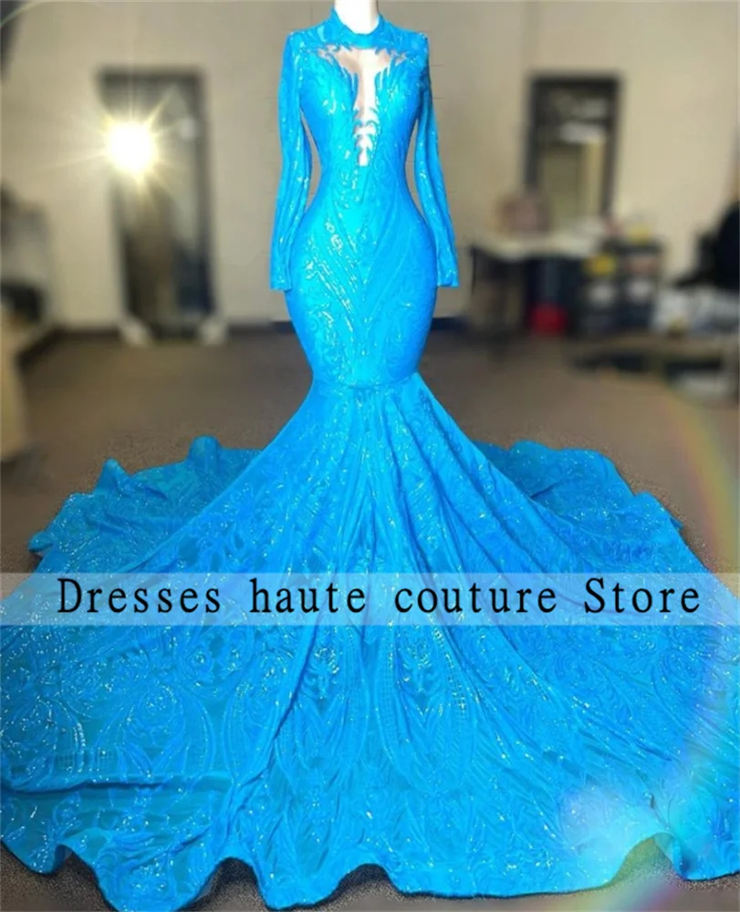 

New Sky Blue O Neck Mermaid Prom Dresses 2023 For Black Girls Sequins Long Sleeve Birthday Party Gowns Formal Elegant Dress