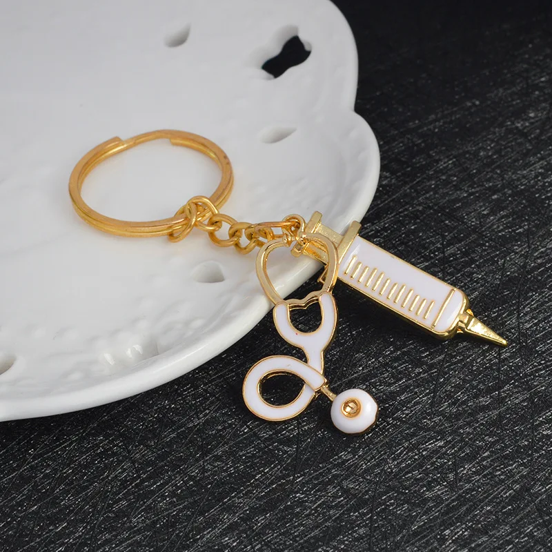 

Trendy Doctor Nurse Gift Jewelry For Women Men Medical Syringe Stethoscope Keychain Key Chains Keyring Golden Metal Key Chain