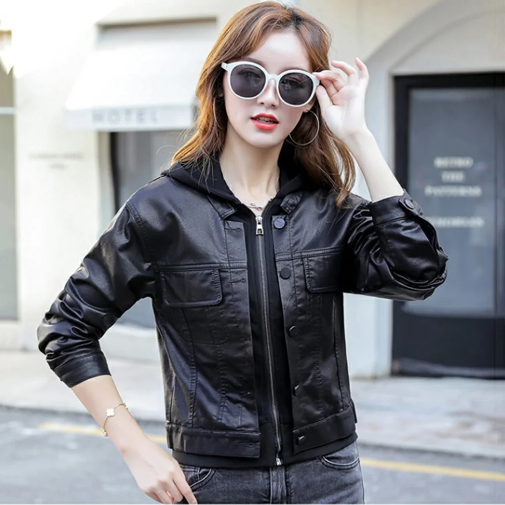 New Women Motorbiker Leather Jacket Casual Fashion Patchwork Hooded Long Sleeve Loose Short Split Leather Outerwear Female