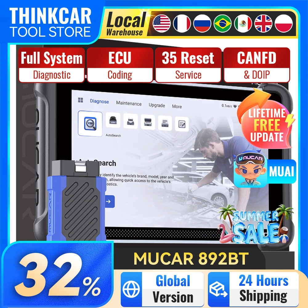 Фото Диагностический сканер MUCAR 892BT AI CANFD OBD2 для полной диагностики системы, инструмент для кодирования ЭБУ, 35 функций сброса, пожизненные бесплатные обновления №3