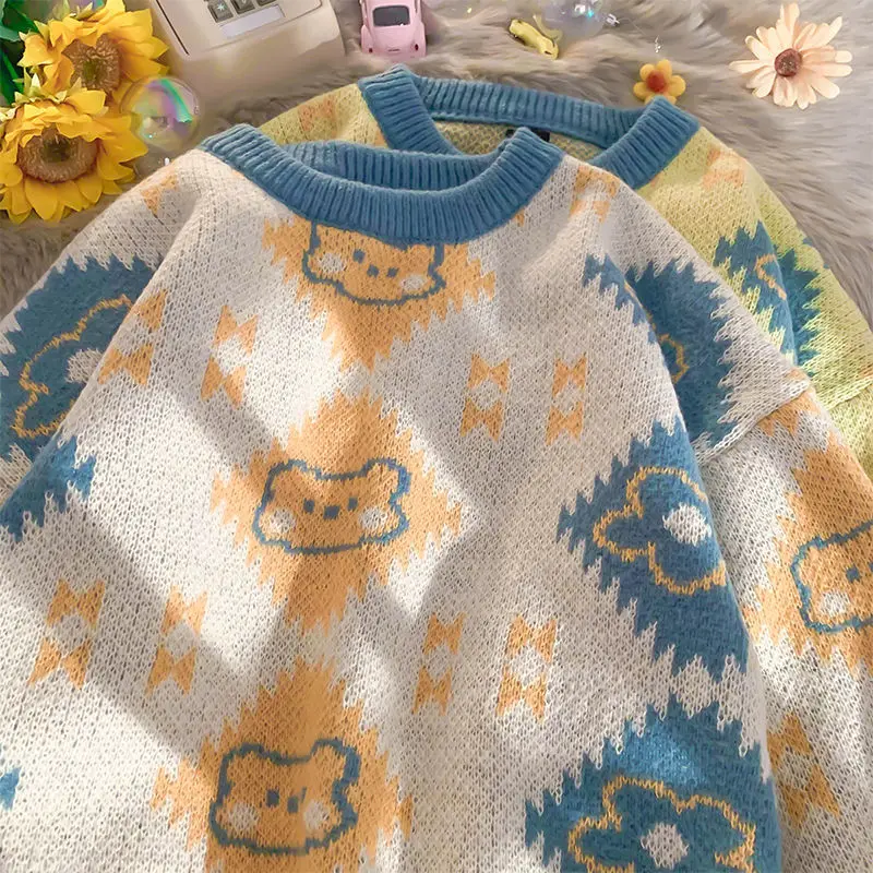 

Hikigawa Chic Fashion Women Cartoon Bear Jacquard Knitted Sweater Top Autumn Loose Casual Streetwear Pullover Femme Ropa Mujer