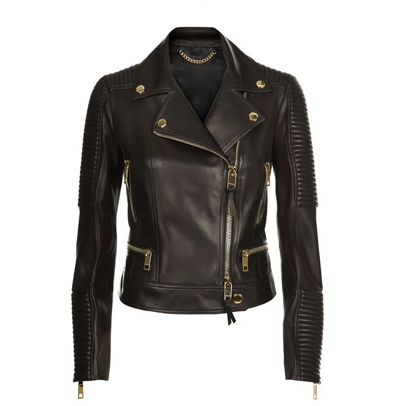 

Motorcycle Leather Jacket Women 2022 New Autumn Winter Basic Coat Turn-down Collar Diagonal Zipper Chic Short Women's Jackets