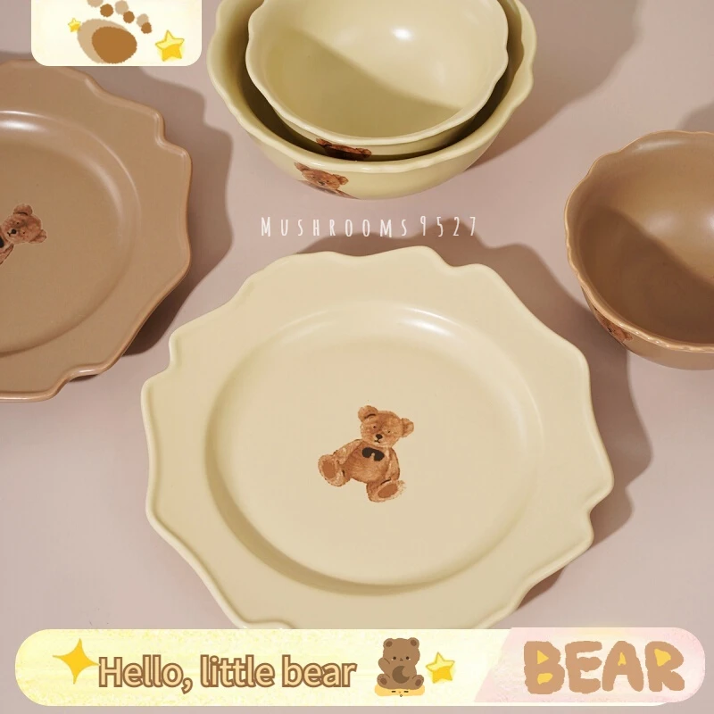 

Mushrooms 9527 Korean Retro Bear Children's Tableware Irregular Plate Bowl Set Cute Cartoon Ceramic Rice Bowl 8 Inch Plate