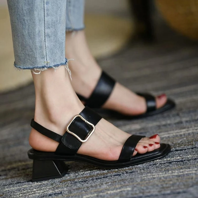 

Женские босоножки с открытым носком, босоножки из натуральной воловьей кожи на квадратном каблуке, обувь на среднем каблуке, лето 2023