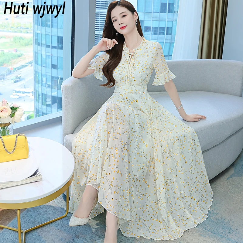 

2023 White Floral Chiffon Short Sleeve Vacation Dress Summer Bodycon Casual Boho Beach Sundress Women Elegant Party Maxi Vestido