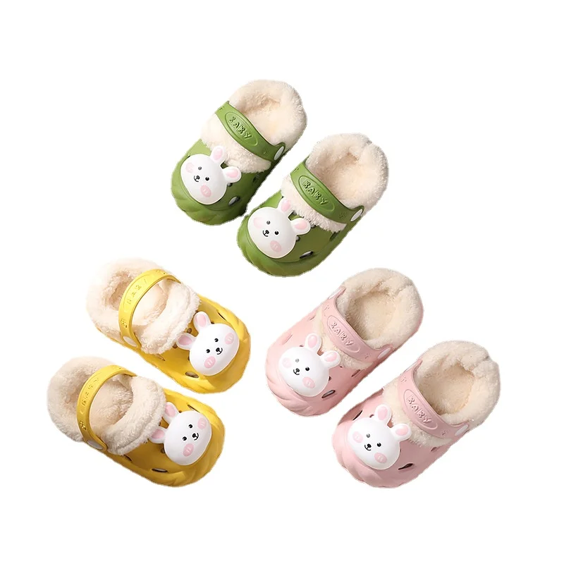 

New 0-6y Kids Mules Clogs Winter Boys Girls Sandals Flat Rabbit Cartoon Cute Beach Slippers Add Wool Children Garden Shoes